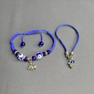 Handcrafted Blue Evil Eye & Elephant Charm Corded Bracelets Set Of 2